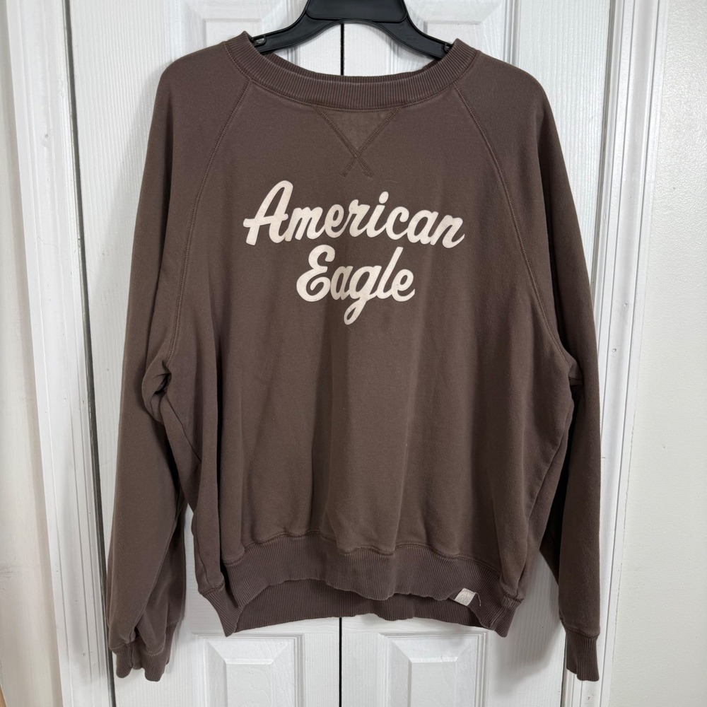 American Eagle Graphic Sweatshirt XL Brown Oversized Minimalist Raglan Crewneck